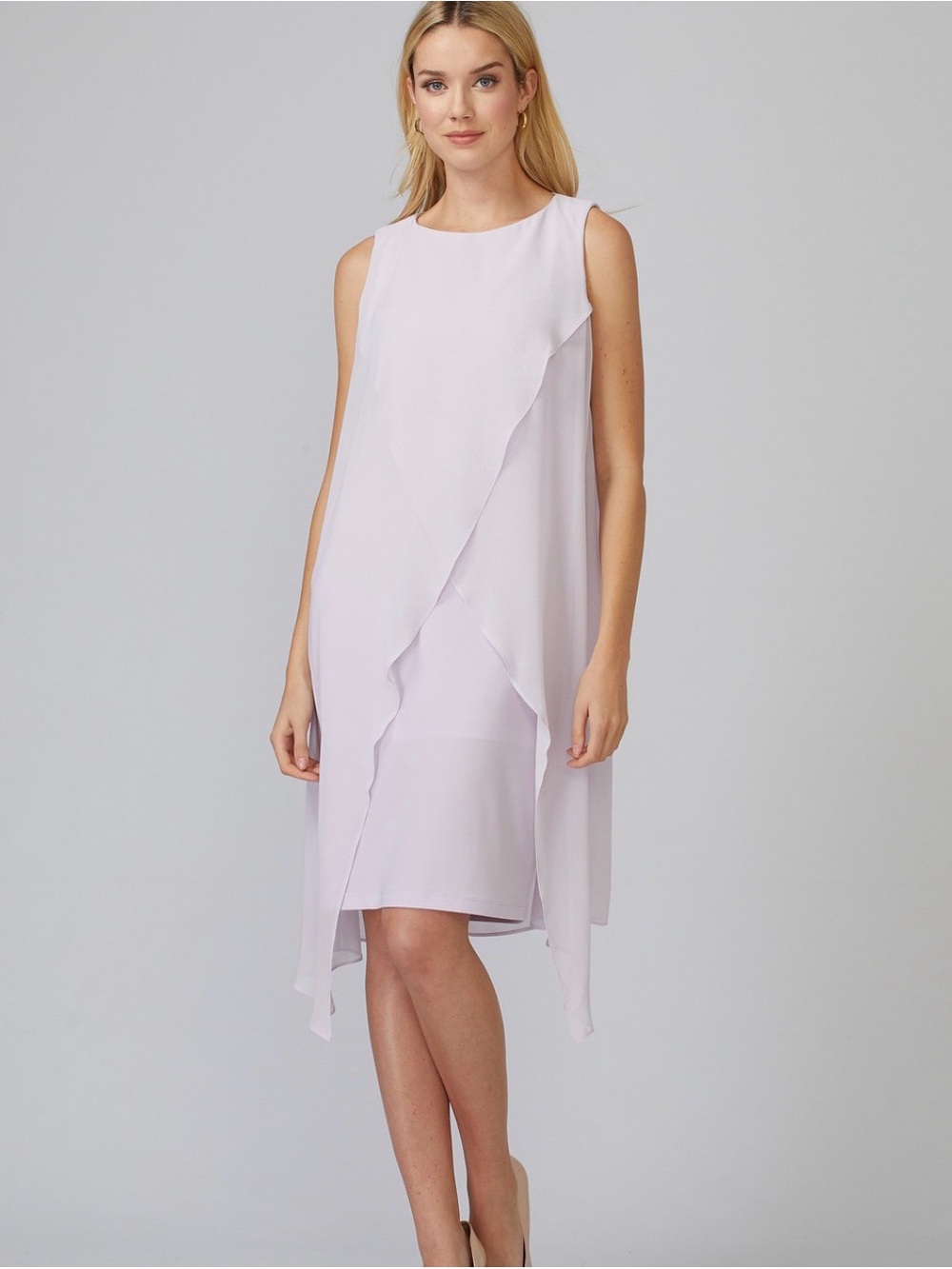 NWT Joseph Ribkoff Sleeveless Ruffle Overlay Shift Dress,sz10 lilac,flawed